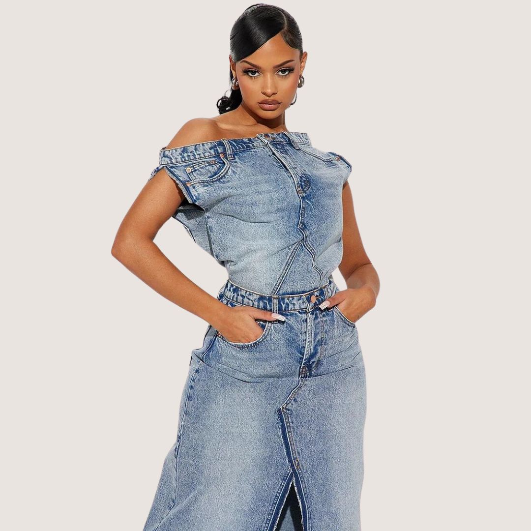 Helen - Denim Off Shoulder Ärmlös topp Hög midja ficka Slit Maxi Kjol Matchande Set