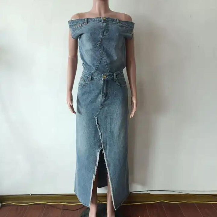 Helen - Denim Off Shoulder Ärmlös topp Hög midja ficka Slit Maxi Kjol Matchande Set