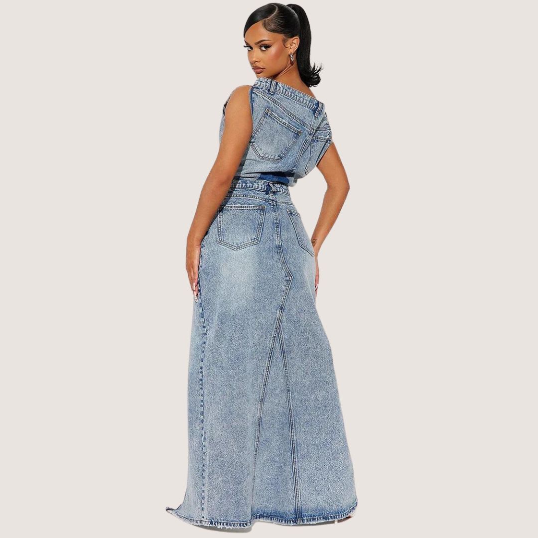 Helen - Denim Off Shoulder Ärmlös topp Hög midja ficka Slit Maxi Kjol Matchande Set