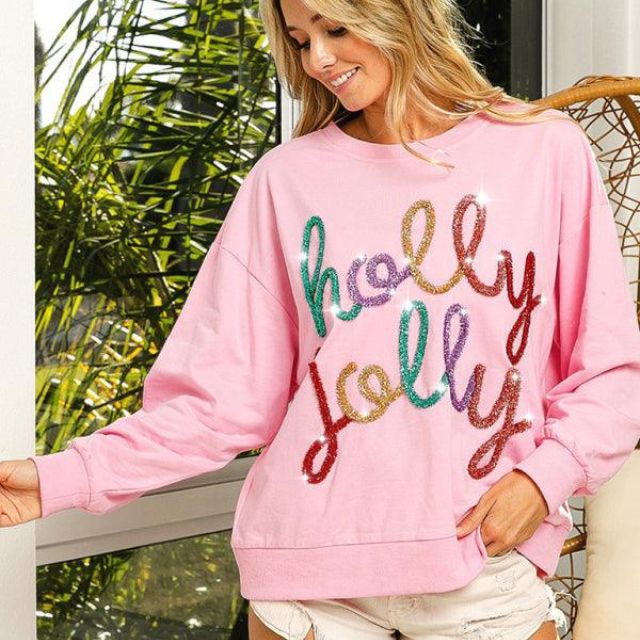 Celeste - Festlig utsmyckad sweatshirt med "Holly Jolly" bokstäver