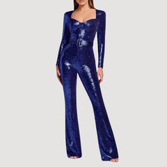 Vivian - Glittrig jumpsuit med långa ärmar och utsvängda ben