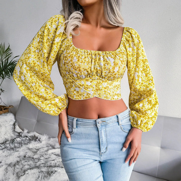 Jasmine - Blommönster crop top med långa ärmar