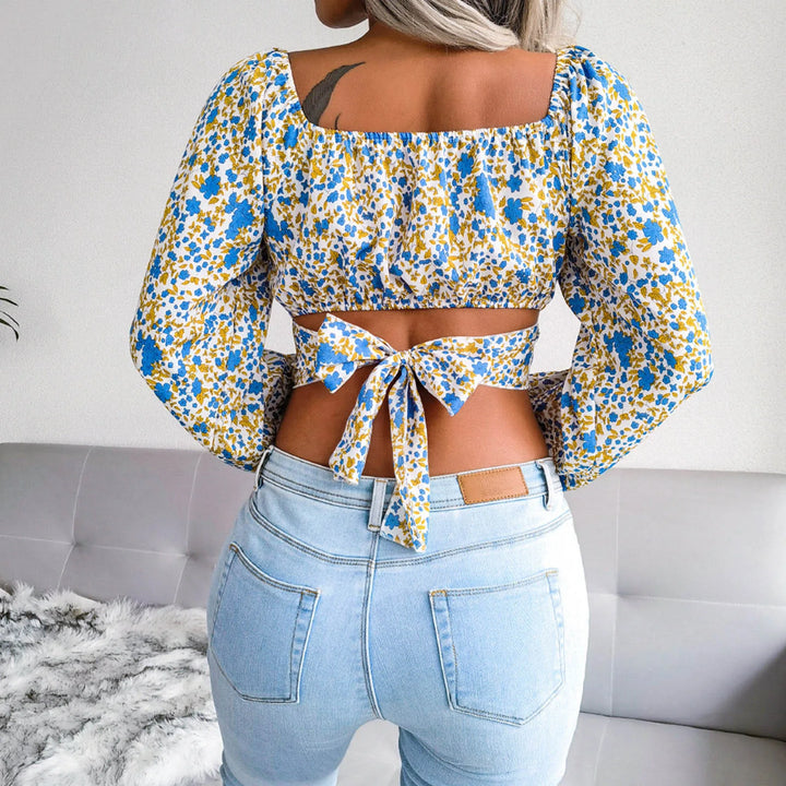 Jasmine - Blommönster crop top med långa ärmar