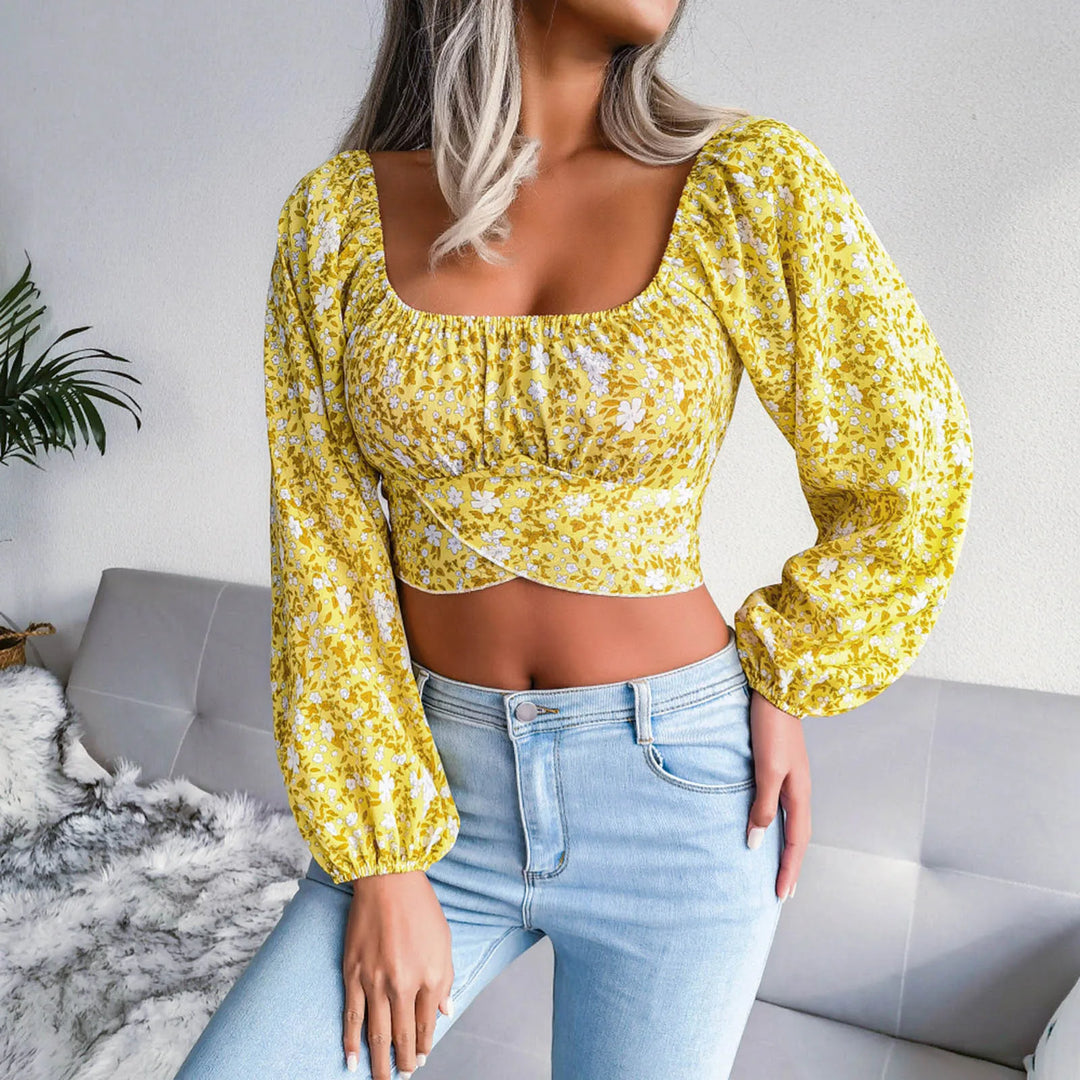 Jasmine - Blommönster crop top med långa ärmar