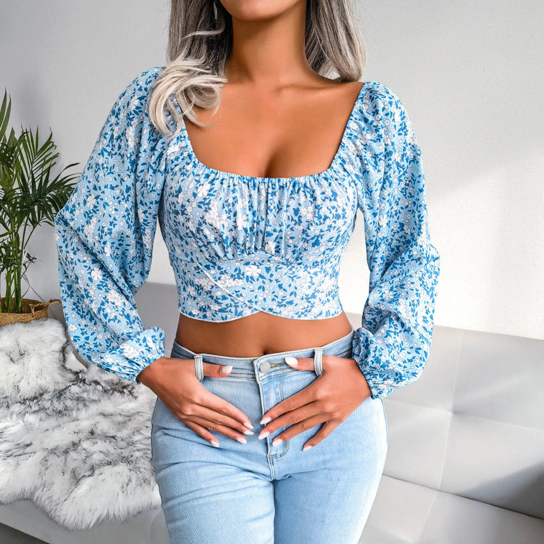 Jasmine - Blommönster crop top med långa ärmar