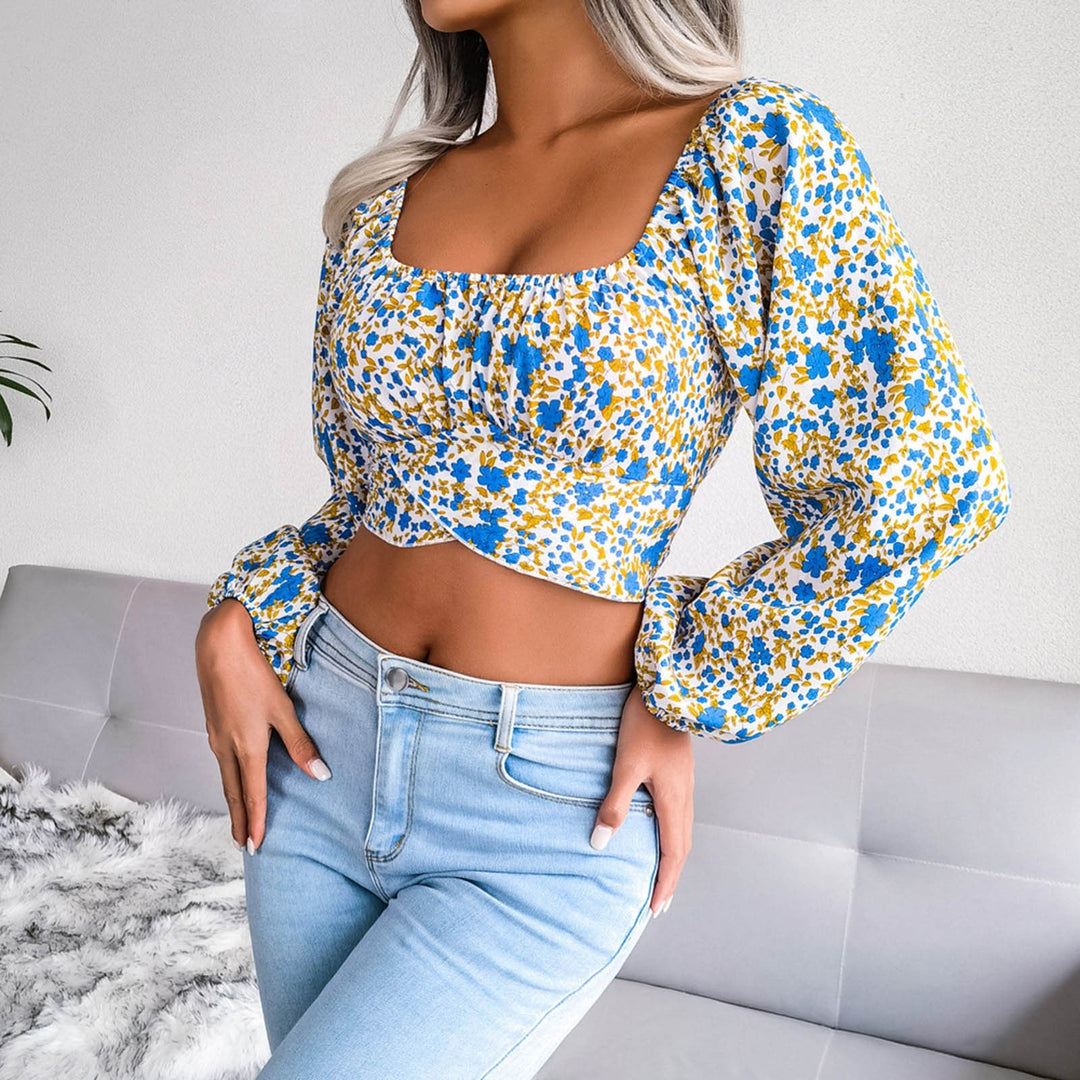 Jasmine - Blommönster crop top med långa ärmar