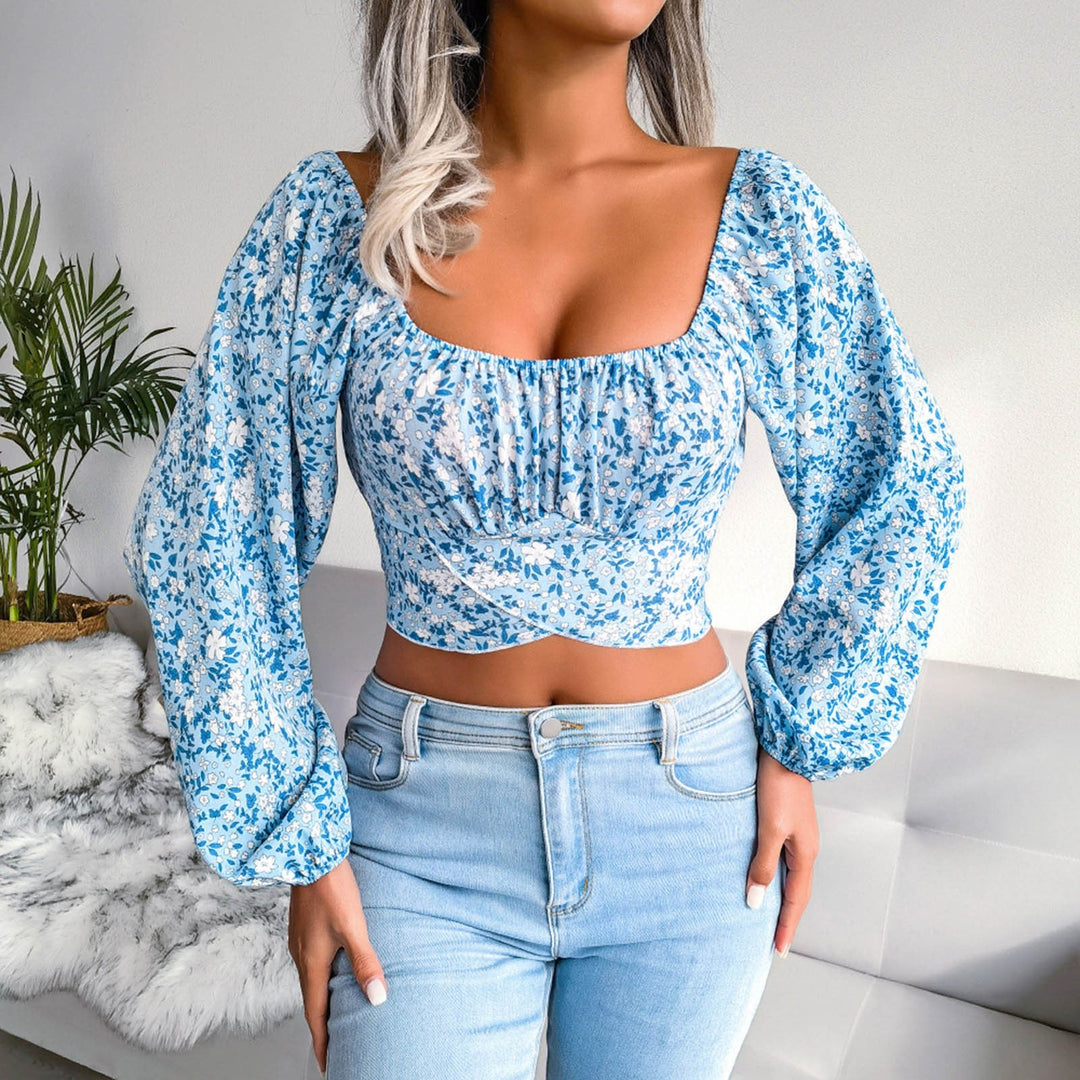 Jasmine - Blommönster crop top med långa ärmar